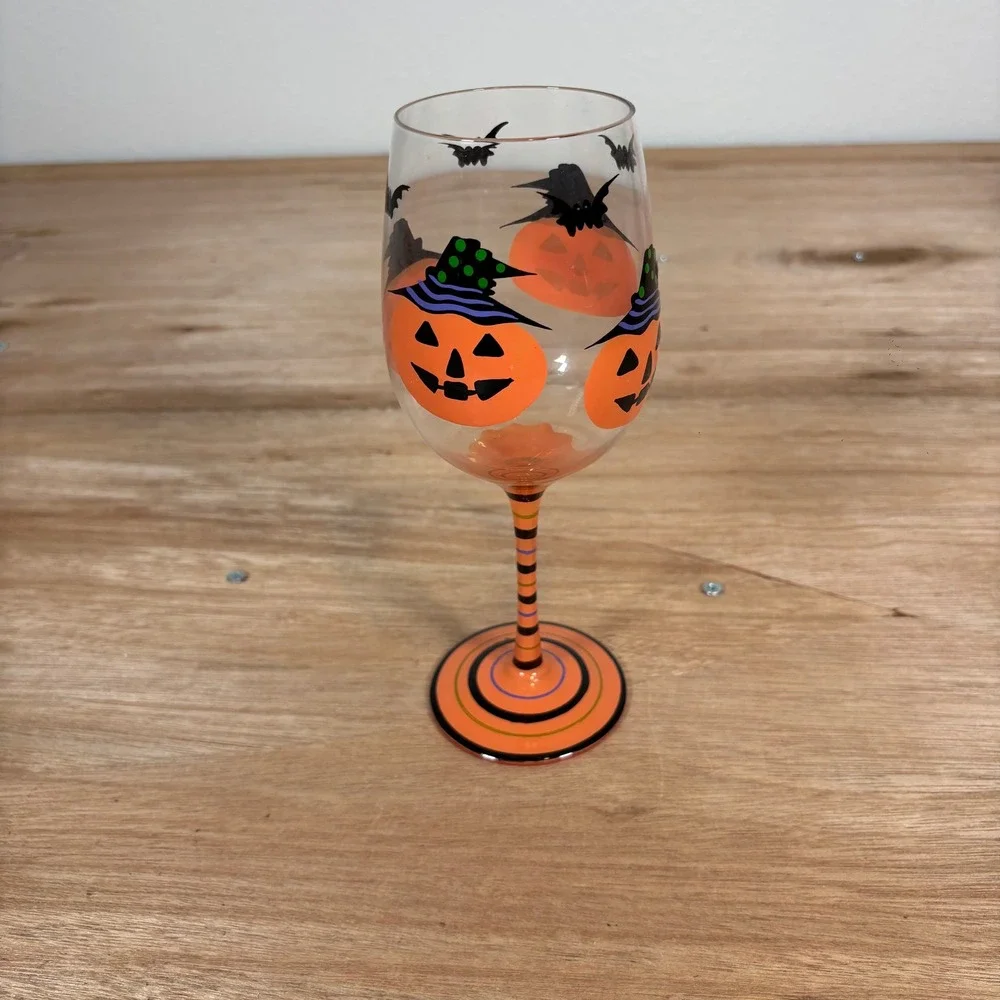 Pier 1 Halloween Wine Glass Jack-O-Lantern Witch Hat Bats Orange Striped Stem